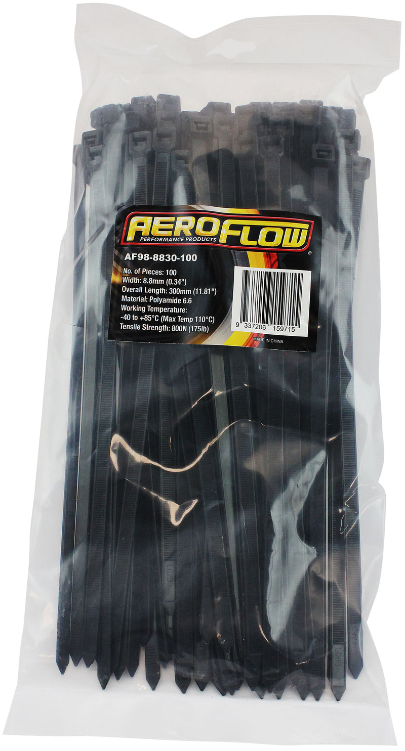 Aeroflow Standard Cable Ties 8.8mm Wide x 300mm Long - 100 Pack Nylon 66 Material, Black Colour (AF98-8830-100) AF98-8830-100