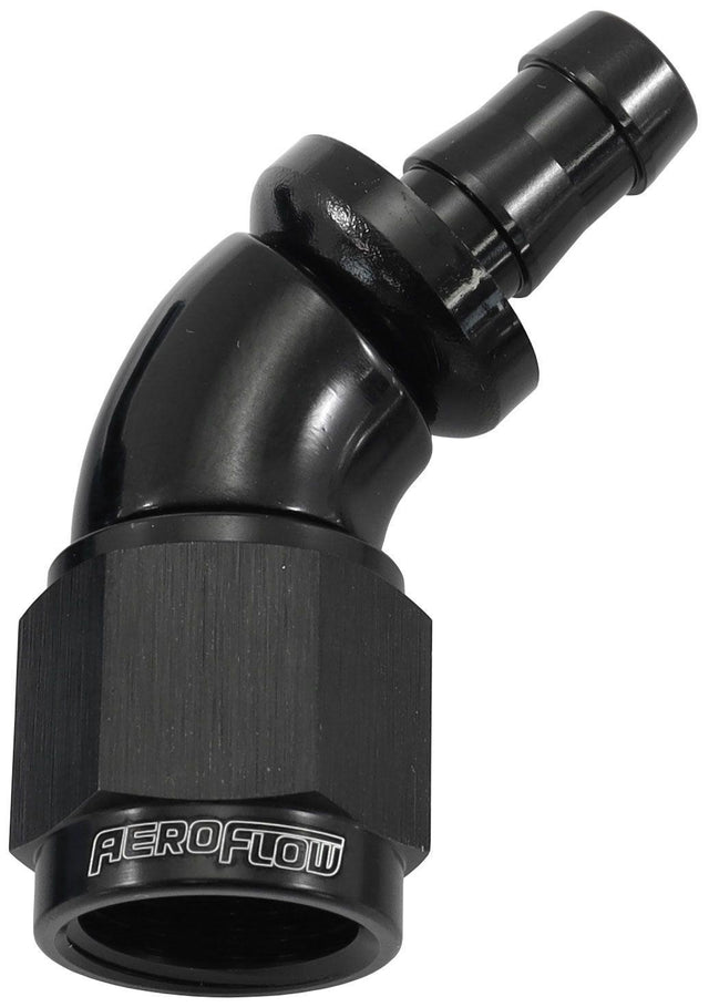 Aeroflow 510 Series Full Flow Tight Radius Push Lock 45° Hose End -6AN To 5/16" (8mm) Barb (AF512-06-05BLK) AF512-06-05BLK