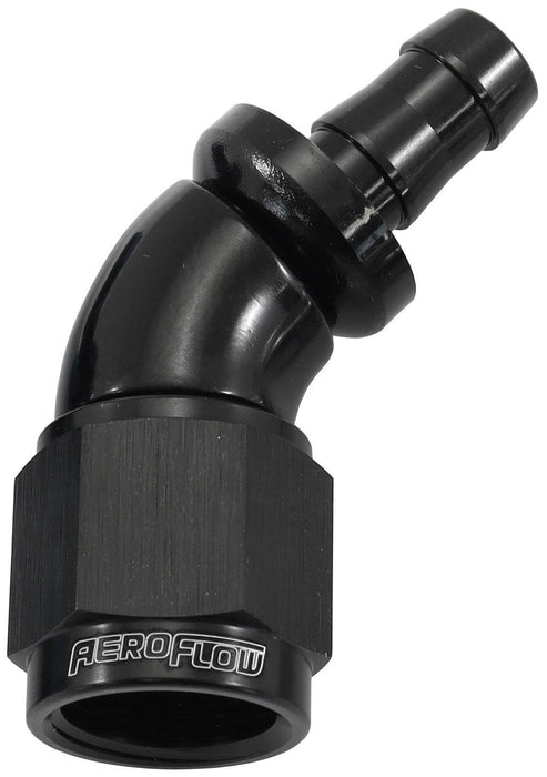 Aeroflow 510 Series Full Flow Tight Radius Push Lock 45° Hose End -6AN To 5/16" (8mm) Barb (AF512-06-05BLK)