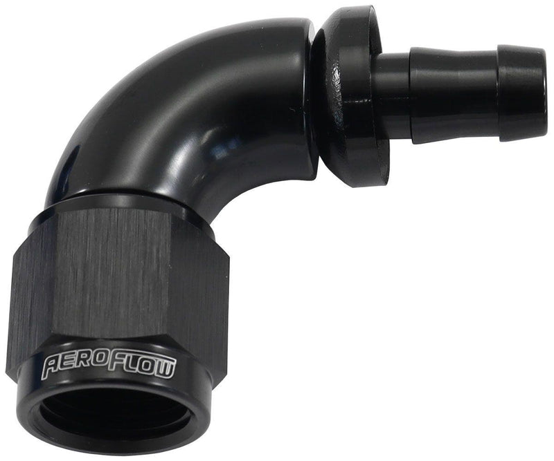 Aeroflow 510 Series Full Flow Tight Radius Push Lock 90° Hose End -6AN To 5/16" (8mm) Barb (AF513-06-05BLK) AF513-06-05BLK