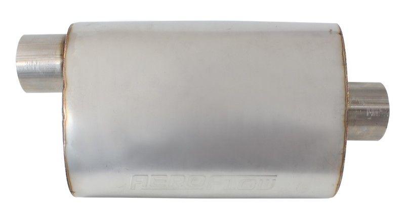 Aeroflow 5500 Series Stainless Steel 2-1/2" Offset/Center Muffler 2-1/2" Inlet and Outlets, 13.75" Length, 9.45" Width, 5.3" Height. (AF5501-250) AF5501-250
