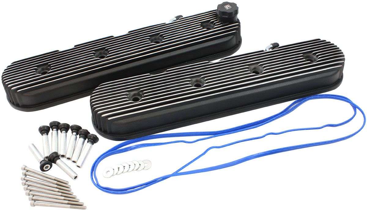 Aeroflow GM LS Retro Finned Valve Cover Set, Black Finish (AF77-5022BLK)