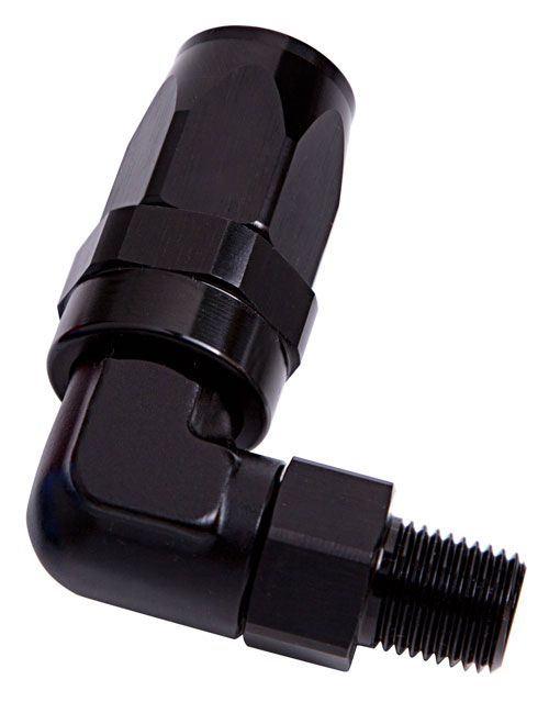 Aeroflow Male NPT Taper Swivel 90° Hose End 1/4" to -8AN (AF829-08-04BLK)