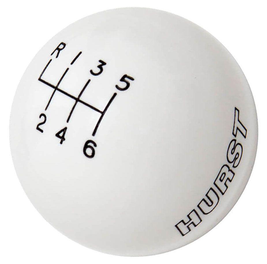 Hurst Shift Knobs, Classic, Round Style, Plastic, White, Manual 6-speed/ Logo, Thread On M12 x 1.25mm Attachment, Manual, For Ford, Each (HU1630225)