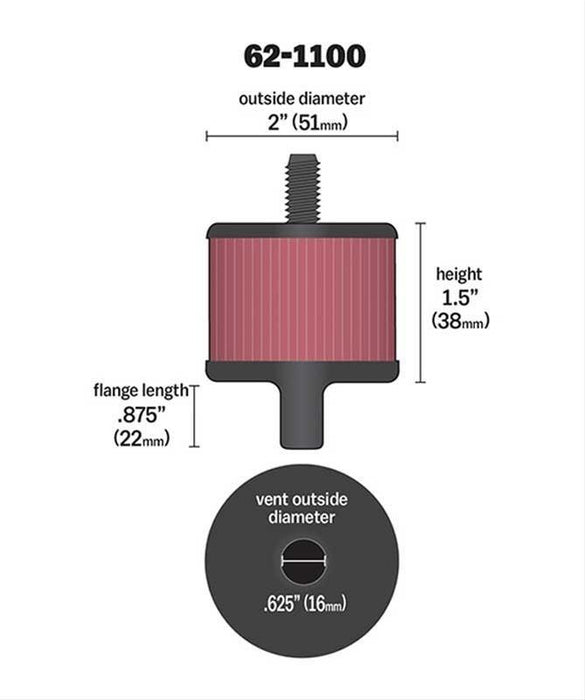 K&N Push-In Vent Filter 2 OD x 1-1/2 H (KN62-1100)