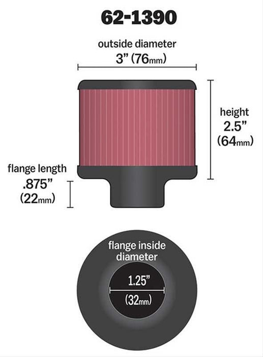 K&N Clamp-On Vent Filter 3 OD x 2-1/2 H (KN62-1390)