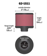 K&N Clamp-On Vent Filter 3 OD x 2-1/2 H (KN62-1511)