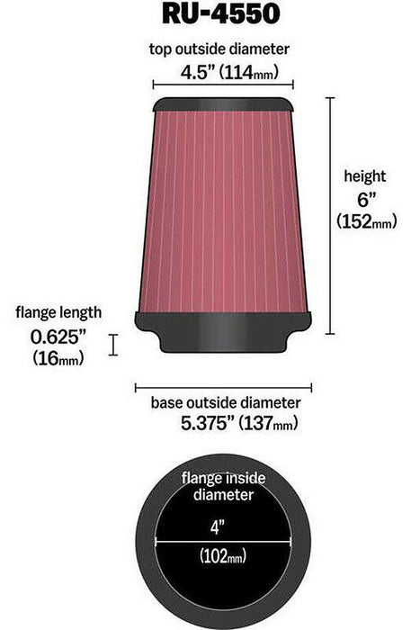 K&N Universal Clamp On Filter Fits 4 in (102 mm) (KNRU-4550)