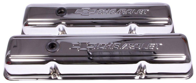 Proform Stamped Valve Covers with Chevrolet Logo (Short Style with Baffle) Chrome (PR141-102) PR141-102