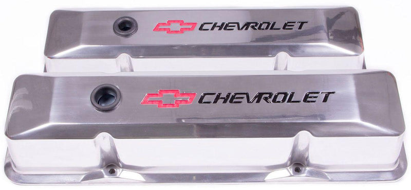 Proform Die Cast Valve Covers with Chevrolet Logo (Tall Style with Baffle) Polished (PR141-108) PR141-108