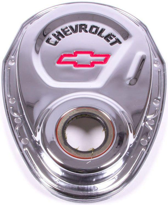 Proform Stamped Steel Timing Cover Chrome with Red Bowtie Logo (PR141-904)