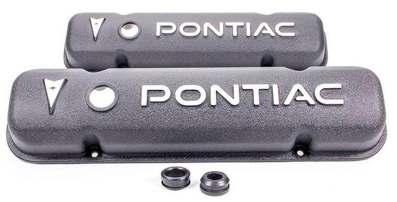 RPC Black Wrinkle Valve Covers with Pontiac Logo and Breather Holes (RPCR6520) RPCR6520