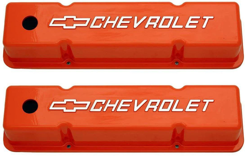 RPC Fabricated Orange Aluminium Tall Valve Cover for S/B Chev with Chev Logo (RPCR7618) RPCR7618
