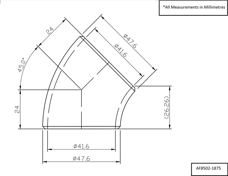 Aeroflow 1-7/8" (48mm) Steam Pipe Tube, 45 Degree Bend, 1.5D Radius (AF8502-1875)