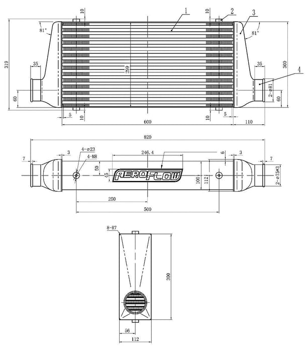 Aeroflow 600x300x76mm Street Series Aluminium Intercooler, Black Finish (AF90-1000BLK)