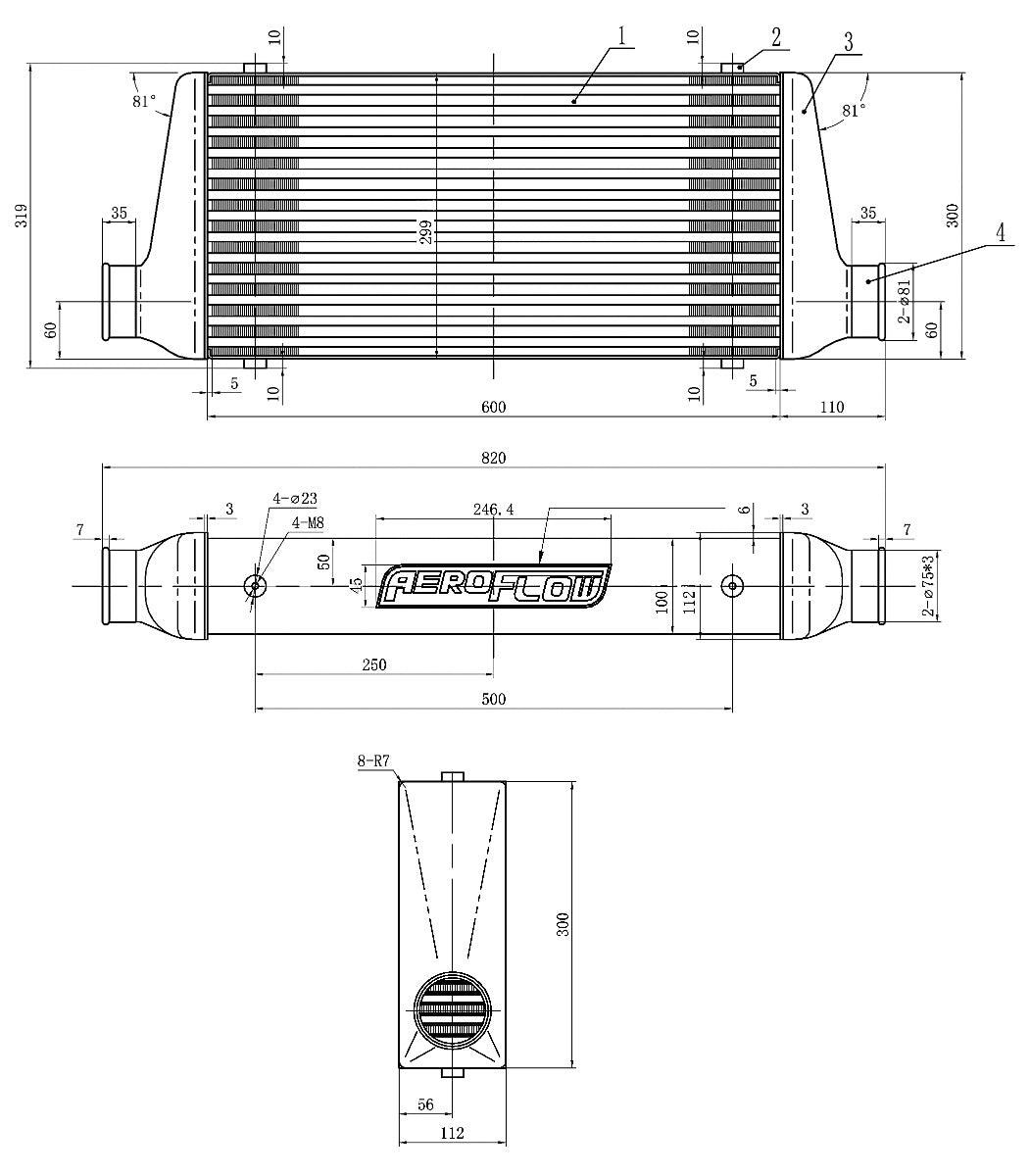 Aeroflow 600x300x100mm Race Series Aluminium Intercooler, Black Powder Coated Finish (AF90-1009BLK)