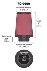 K&N Universal Clamp On Filter Fits 2.875 in (73 mm) (KNRC-2600)