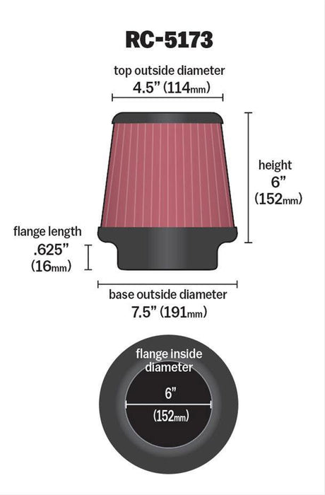 K&N Universal Clamp On Filter Fits 6 in (152 mm) (KNRC-5173)