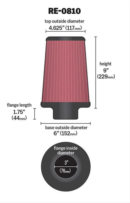 K&N Universal Clamp On Filter Fits 3 in (76 mm) (KNRE-0810)