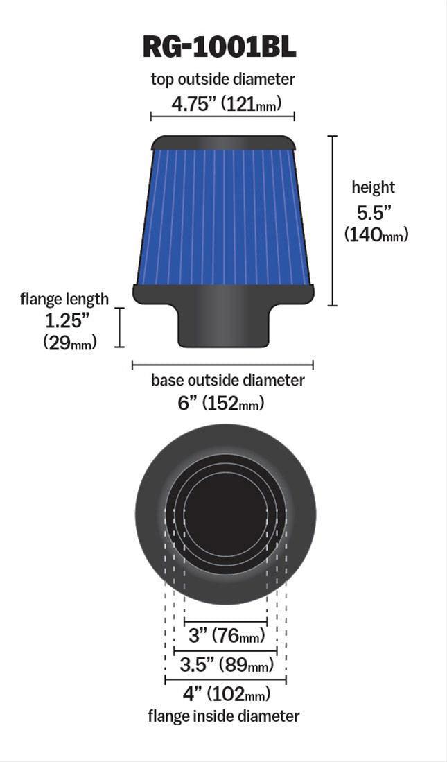 K&N Universal Clamp On Filter Blue Fits 4 in (102 mm) (KNRG-1001BL)