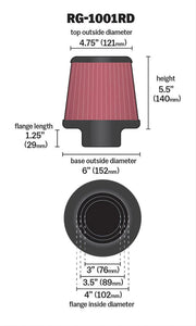 K&N Universal Clamp On Filter Red Fits 4 in (102 mm) (KNRG-1001RD)