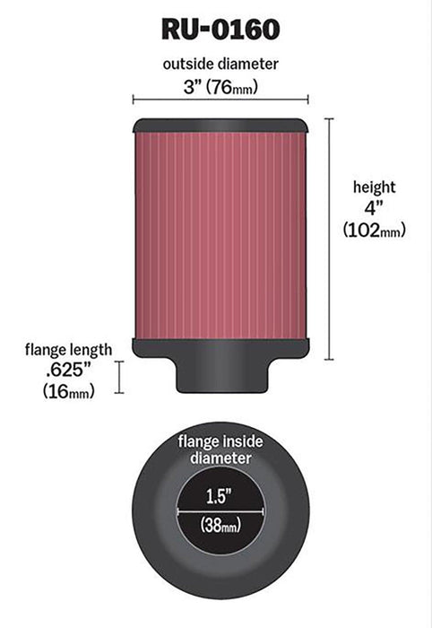 K&N Universal Clamp On Filter Fits 1.5 in (38 mm) (KNRU-0160)