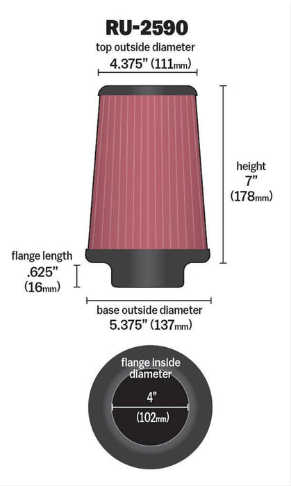 K&N Universal Clamp On Round Tapered Filter Fits 4 in (102 mm) (KNRU-2590)