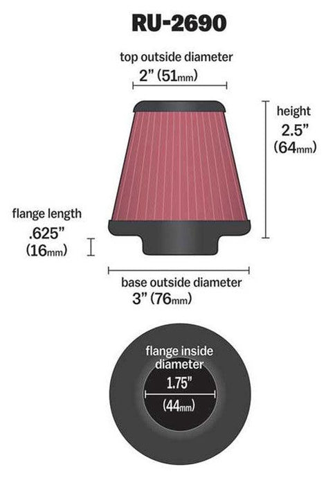 K&N Universal Clamp On Filter Fits 1.75 in (44 mm) (KNRU-2690)