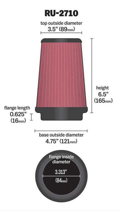 K&N Universal Clamp On Round Tapered Filter Fits 3.313 in (84 mm) (KNRU-2710)