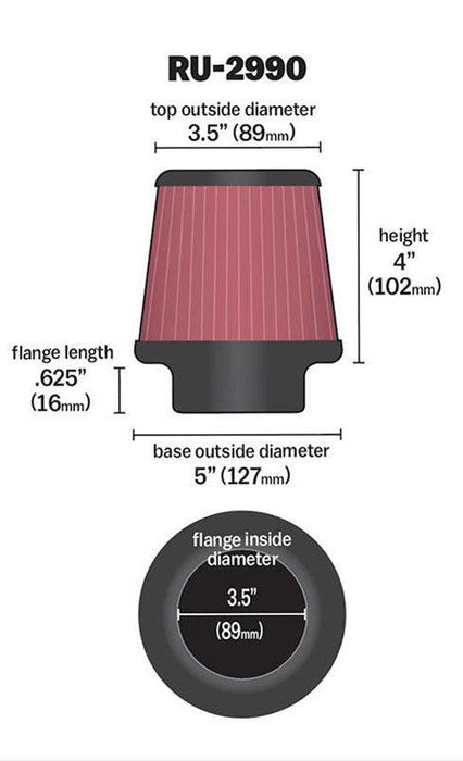 K&N Universal Clamp On Filter Fits 3.5 in (89 mm) (KNRU-2990)