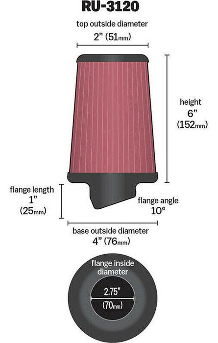 K&N Universal Clamp On Filter Fits 2.75 in (70 mm) (KNRU-3120)