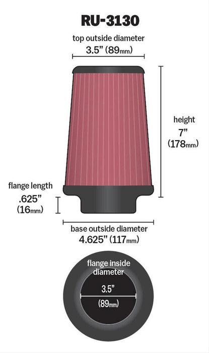 K&N Universal Clamp On Filter Fits 3.5 in (89 mm) (KNRU-3130)