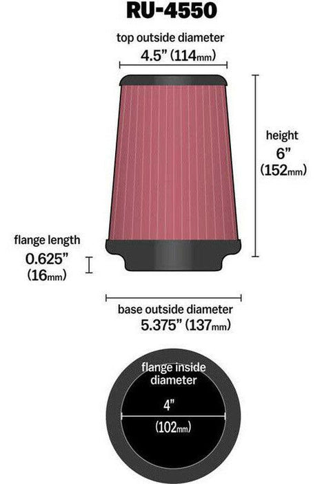 K&N Universal Clamp On Filter Fits 4 in (102 mm) (KNRU-4550)